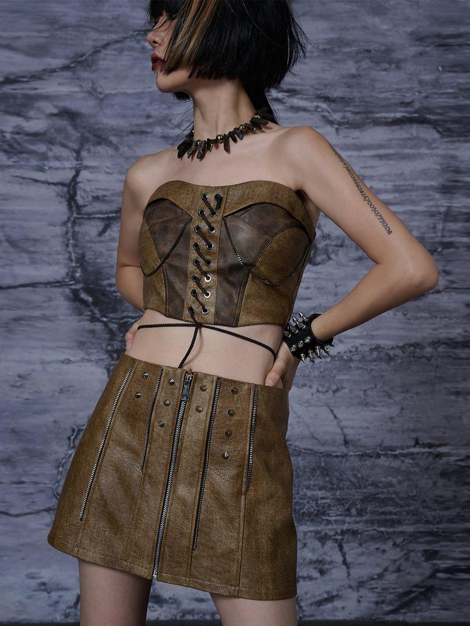 Frustration Garden Edgy Studded Zipper Pu A Line Mid Waist Rock For Women City Commute Mini Skirts