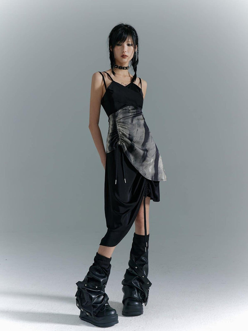 Frustration Garden Elegant New Chinese Black Polyester Spaghetti Strap Street Slip Midi Dresses