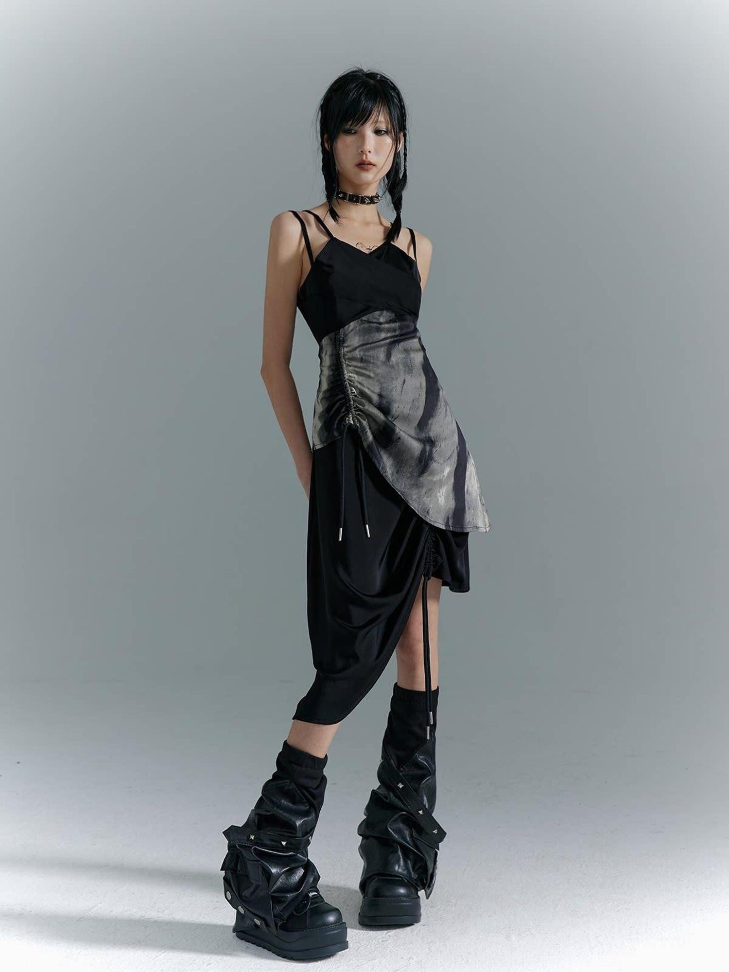 Frustration Garden Elegant New Chinese Black Polyester Spaghetti Strap Street Slip Midi Dresses