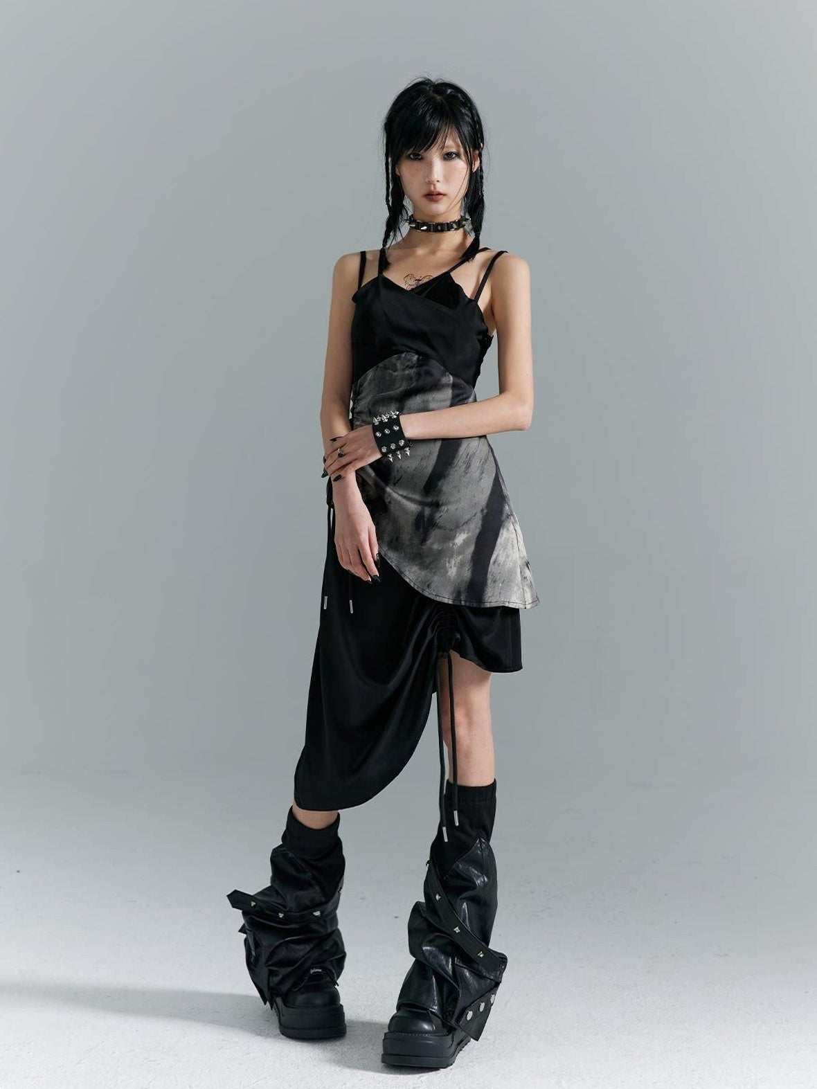 Frustration Garden Elegant New Chinese Black Polyester Spaghetti Strap Street Slip Midi Dresses