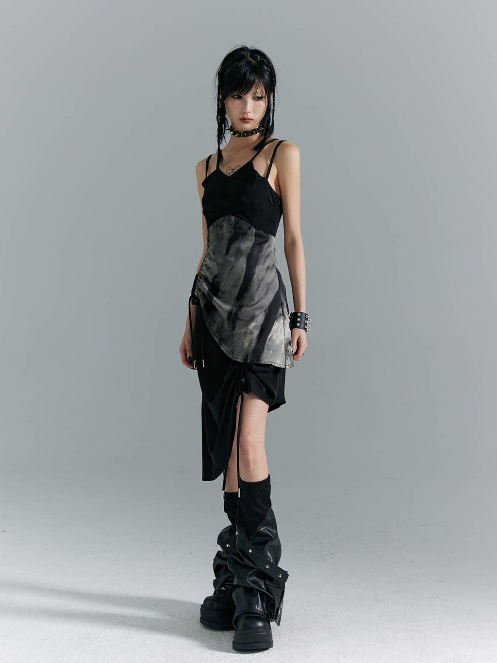 Frustration Garden Elegant New Chinese Black Polyester Spaghetti Strap Street Slip Midi Dresses