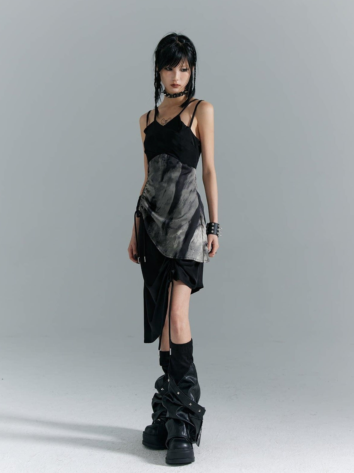 Frustration Garden Elegant New Chinese Black Polyester Spaghetti Strap Street Slip Midi Dresses