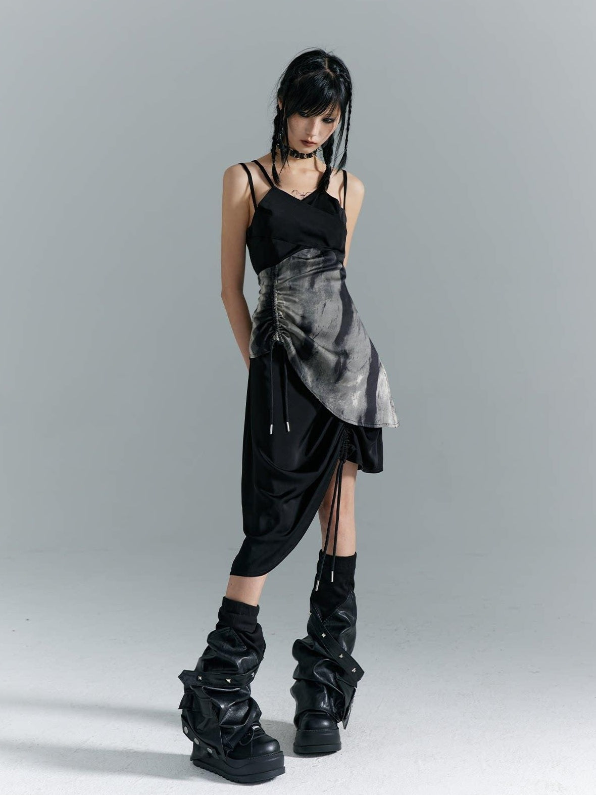 Frustration Garden Elegant New Chinese Black Polyester Spaghetti Strap Street Slip Midi Dresses
