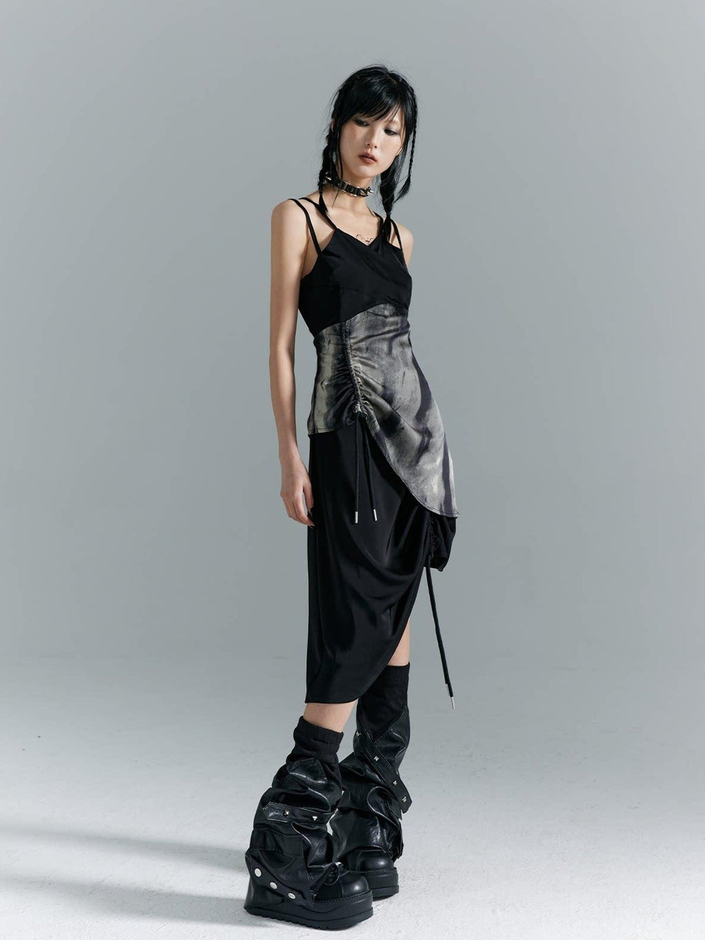 Frustration Garden Elegant New Chinese Black Polyester Spaghetti Strap Street Slip Midi Dresses