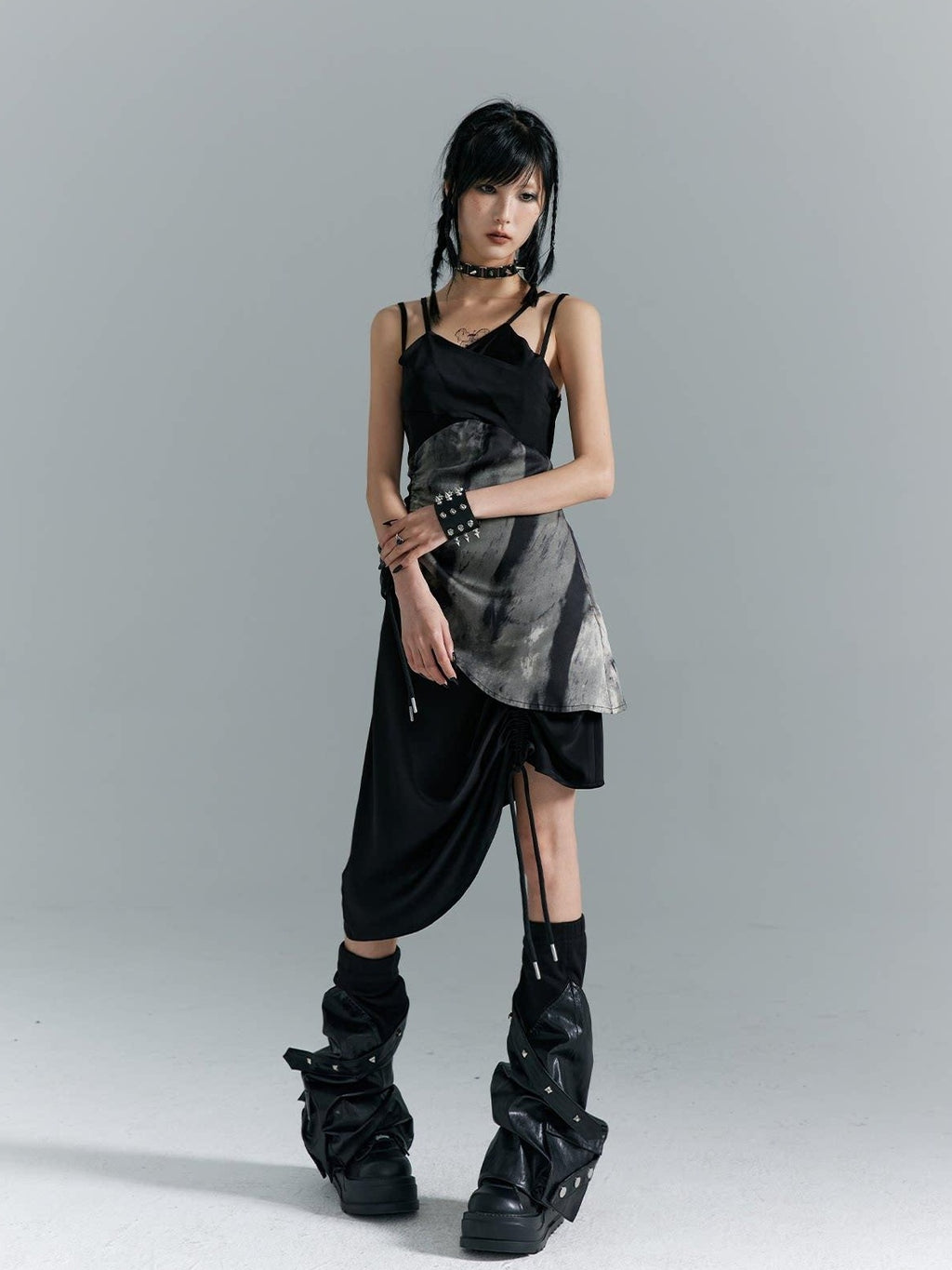 Frustration Garden Elegant New Chinese Black Polyester Spaghetti Strap Street Slip Midi Dresses