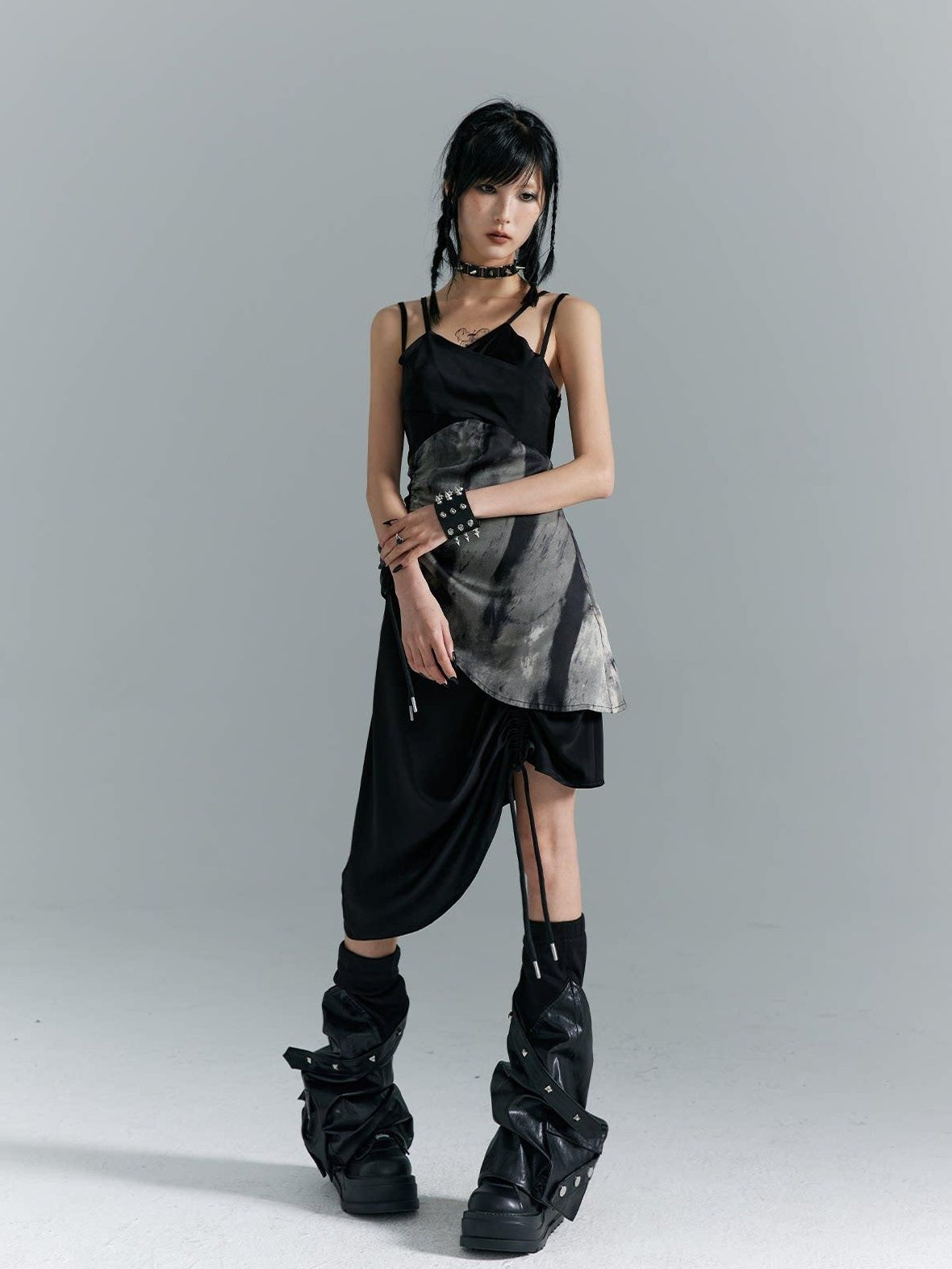 Frustration Garden Elegant New Chinese Black Polyester Spaghetti Strap Street Slip Midi Dresses
