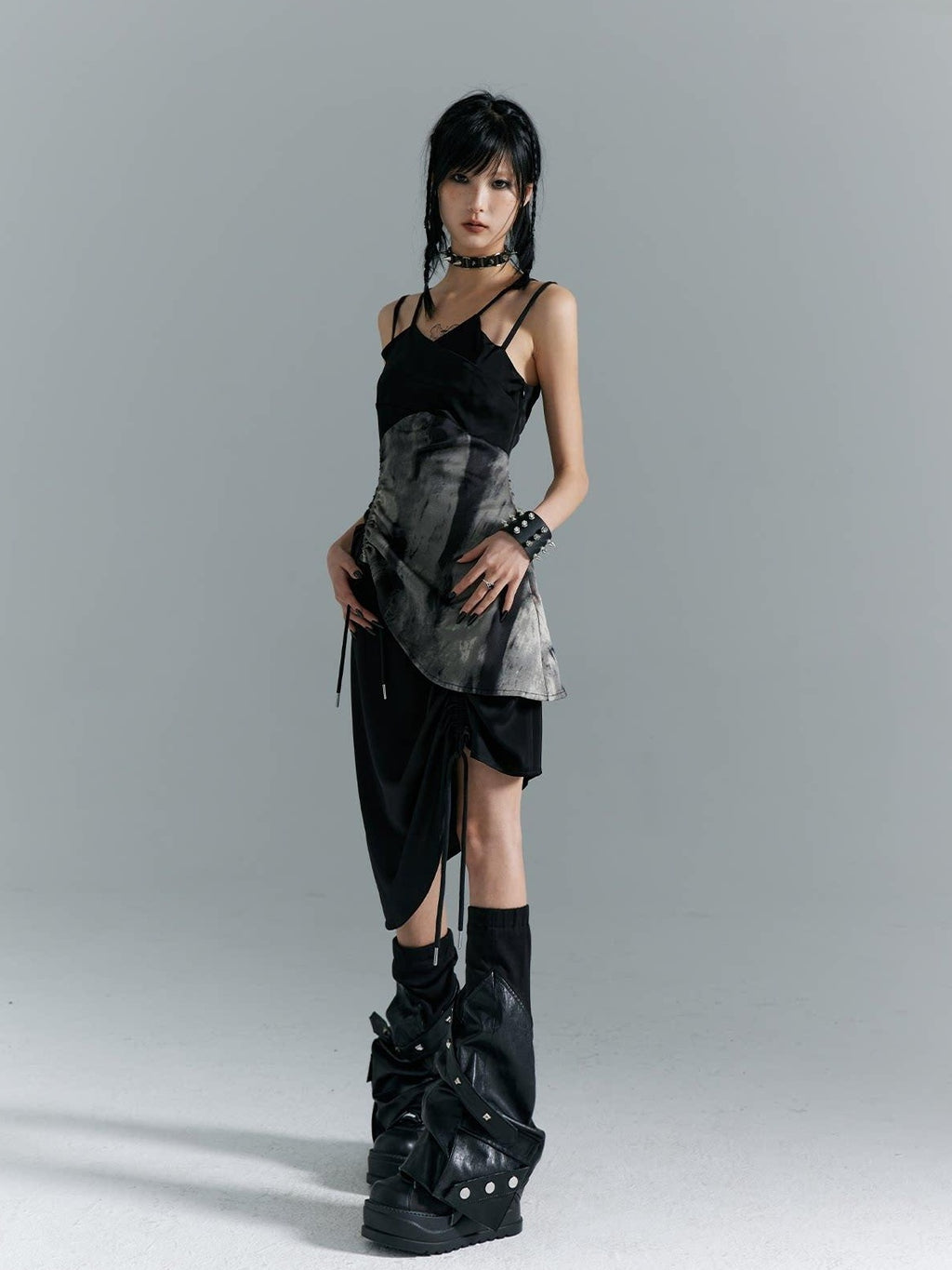Frustration Garden Elegant New Chinese Black Polyester Spaghetti Strap Street Slip Midi Dresses