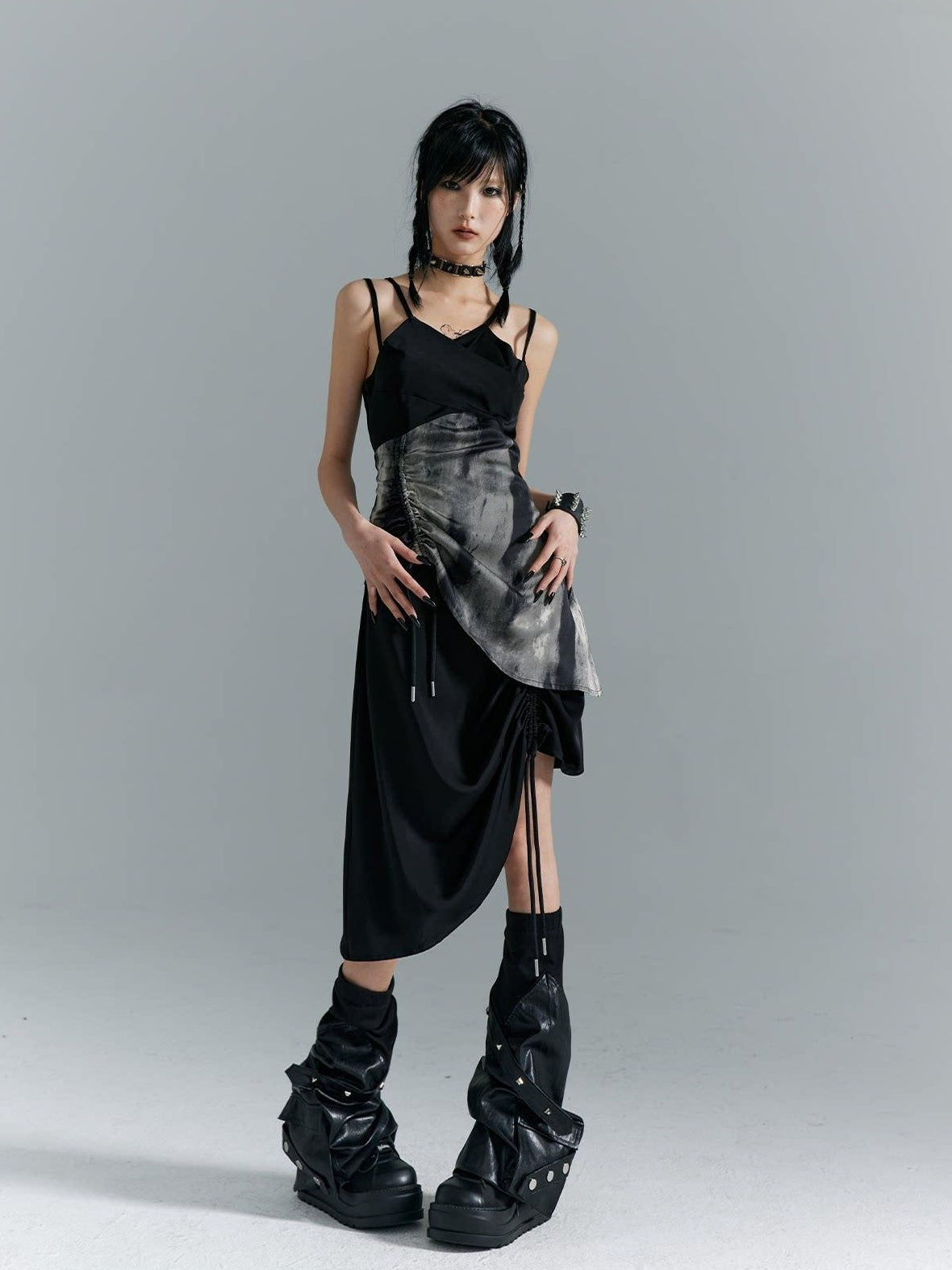 Frustration Garden Elegant New Chinese Black Polyester Spaghetti Strap Street Slip Midi Dresses