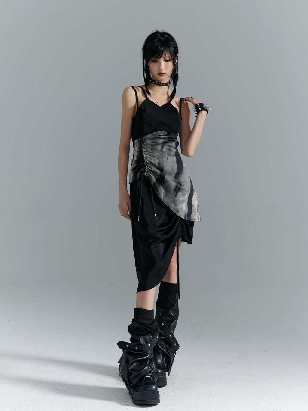 Frustration Garden Elegant New Chinese Black Polyester Spaghetti Strap Street Slip Midi Dresses