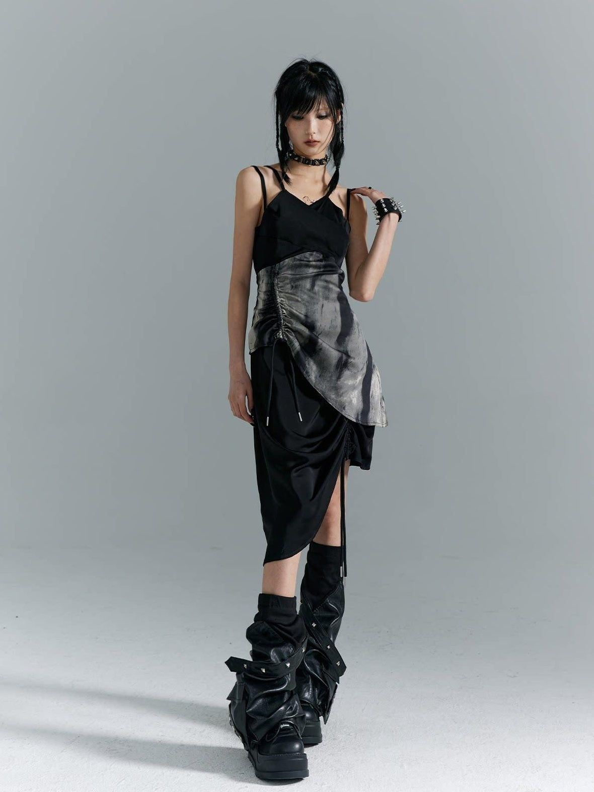 Frustration Garden Elegant New Chinese Black Polyester Spaghetti Strap Street Slip Midi Dresses