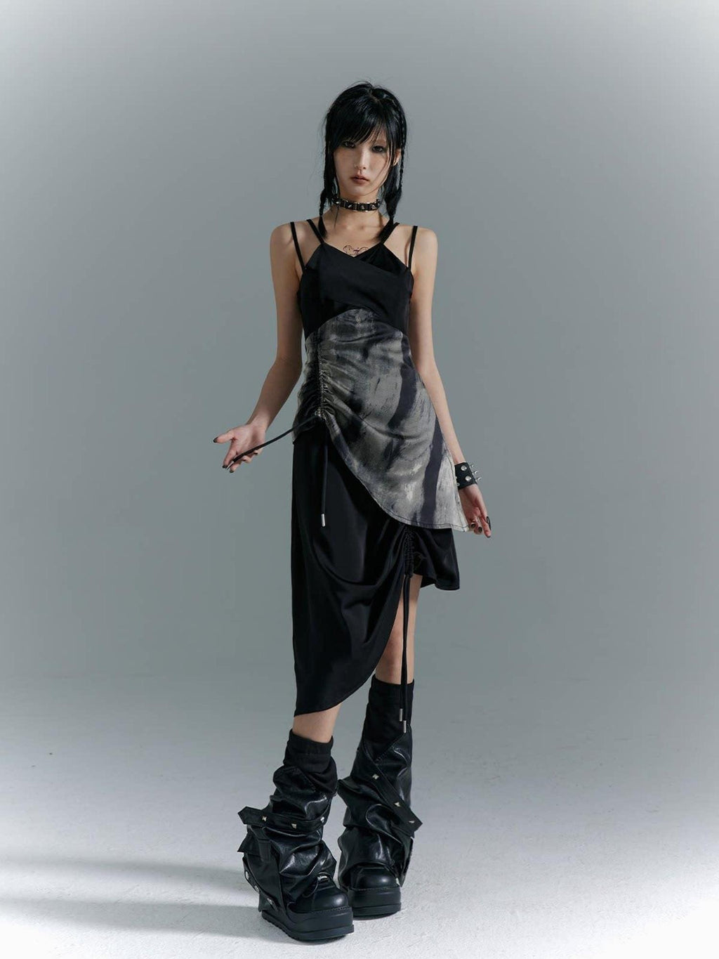 Frustration Garden Elegant New Chinese Black Polyester Spaghetti Strap Street Slip Midi Dresses