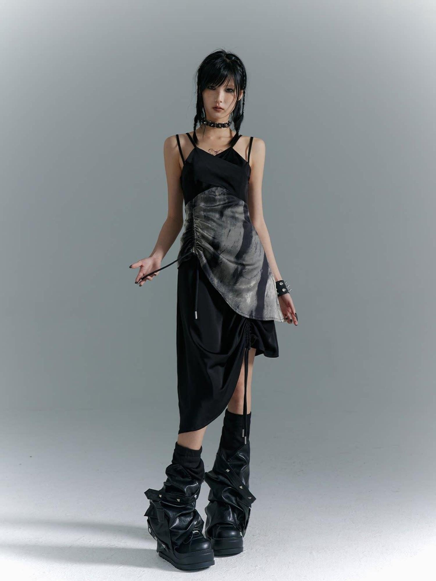 Frustration Garden Elegant New Chinese Black Polyester Spaghetti Strap Street Slip Midi Dresses