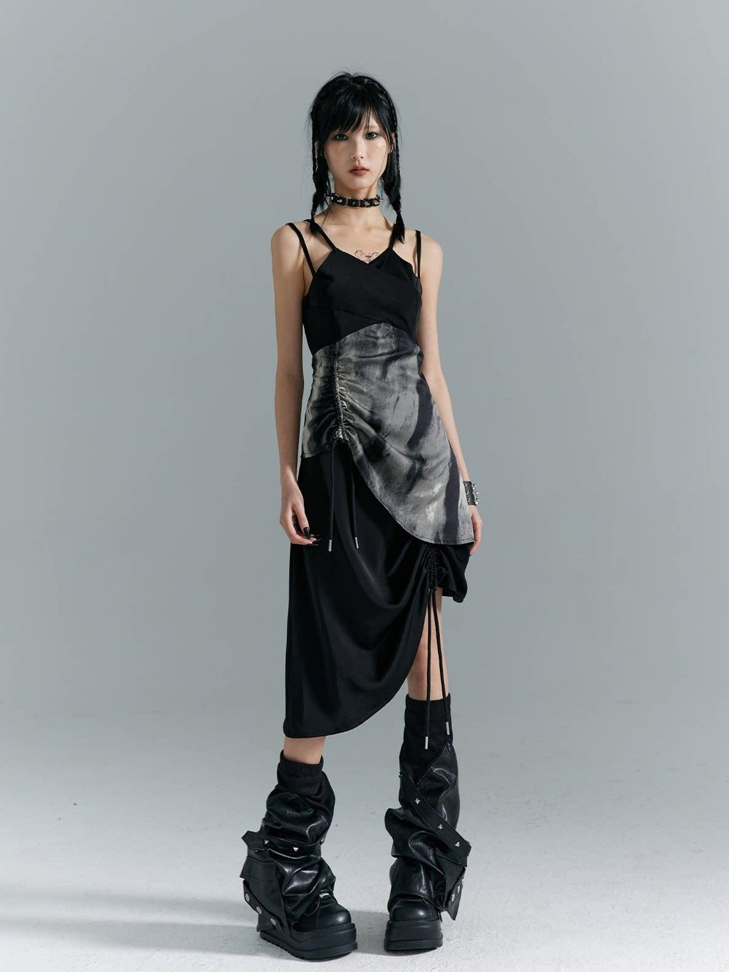 Frustration Garden Elegant New Chinese Black Polyester Spaghetti Strap Street Slip Midi Dresses