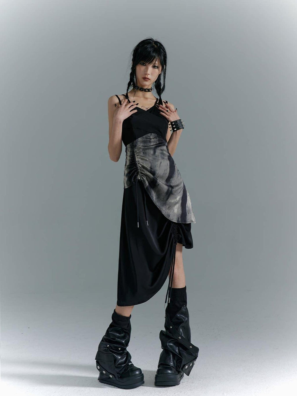 Frustration Garden Elegant New Chinese Black Polyester Spaghetti Strap Street Slip Midi Dresses