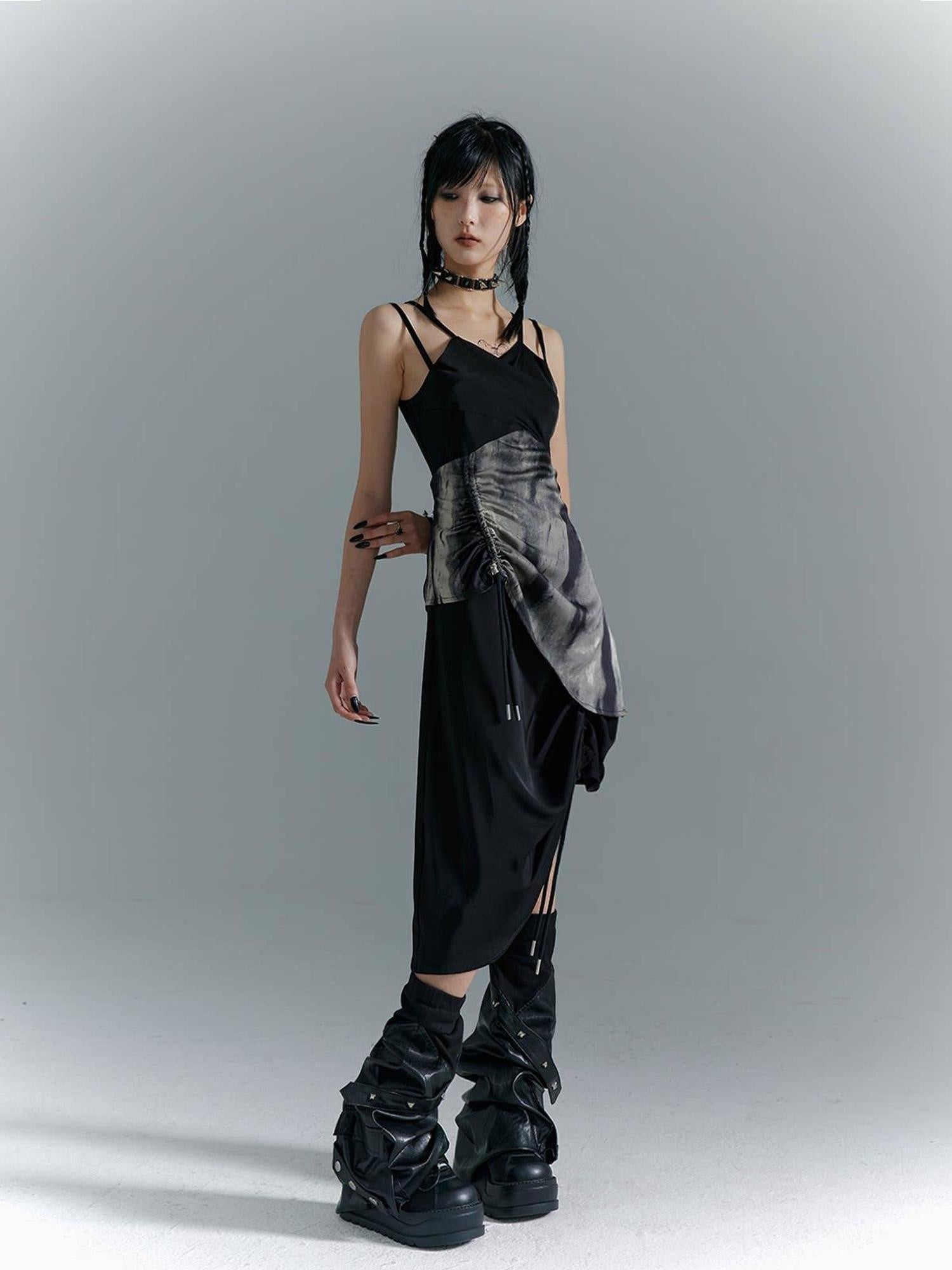 Frustration Garden Elegant New Chinese Black Polyester Spaghetti Strap Street Slip Midi Dresses