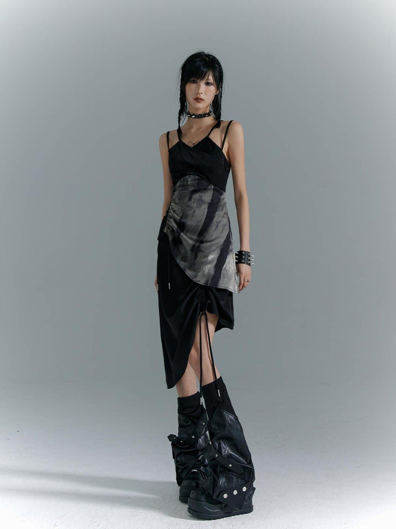 Frustration Garden Elegant New Chinese Black Polyester Spaghetti Strap Street Slip Midi Dresses