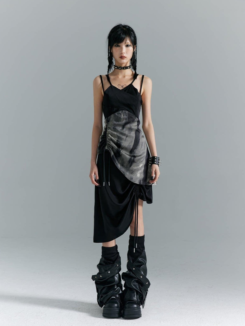 Frustration Garden Elegant New Chinese Black Polyester Spaghetti Strap Street Slip Midi Dresses