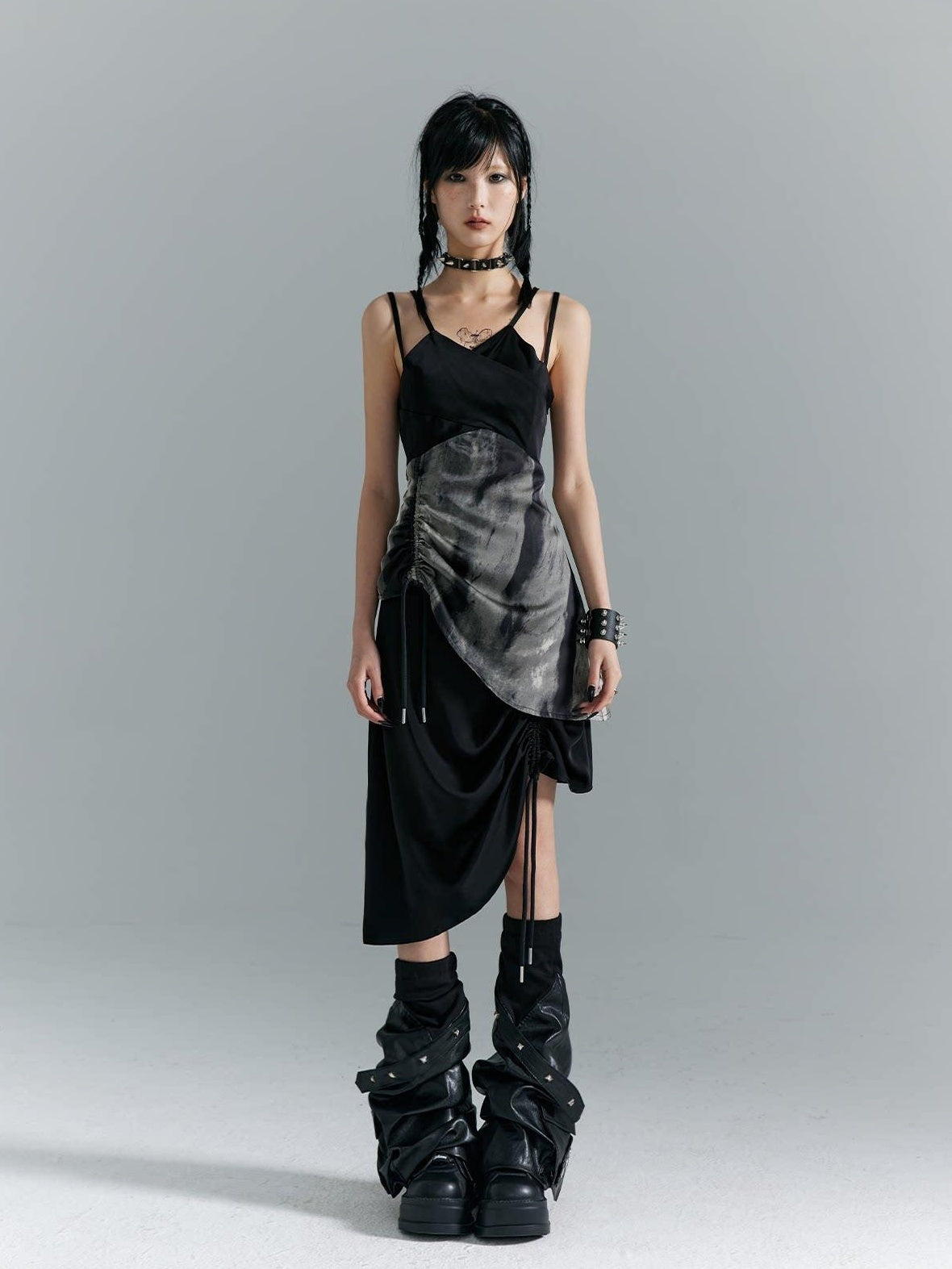 Frustration Garden Elegant New Chinese Black Polyester Spaghetti Strap Street Slip Midi Dresses