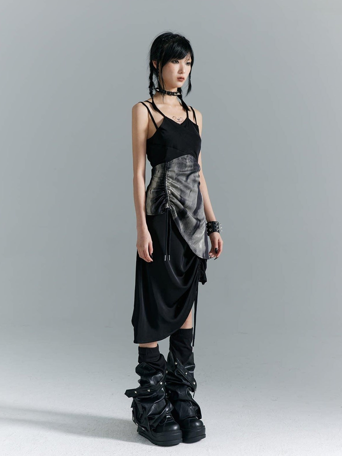 Frustration Garden Elegant New Chinese Black Polyester Spaghetti Strap Street Slip Midi Dresses