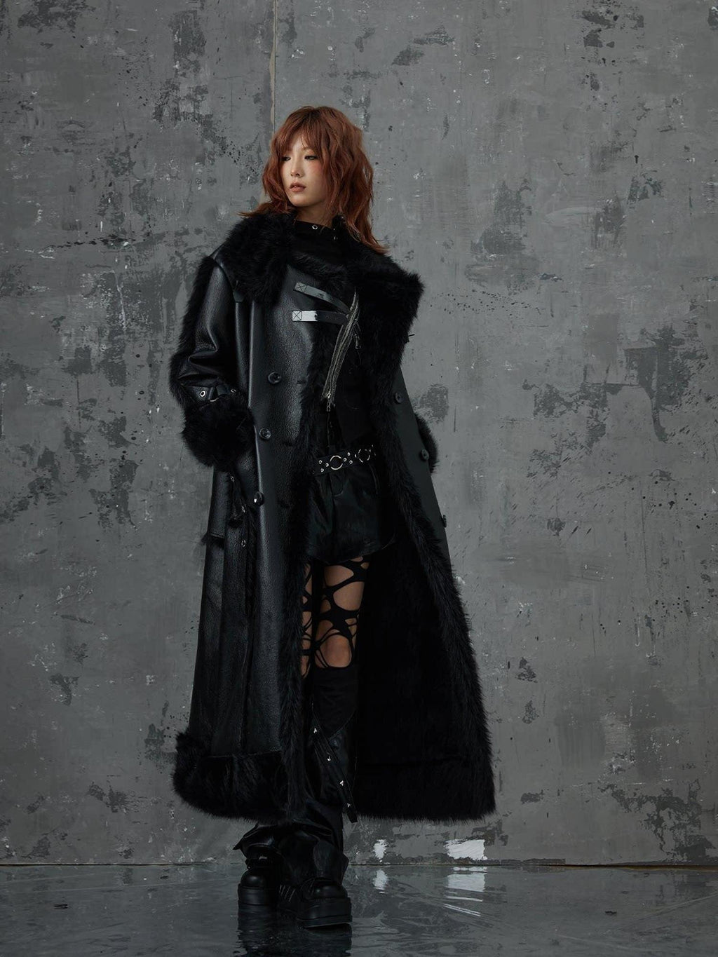 Frustration Garden Faux Fur Trim Oversized Dark Gothic Unisex Black Long Sleeve Long Coats