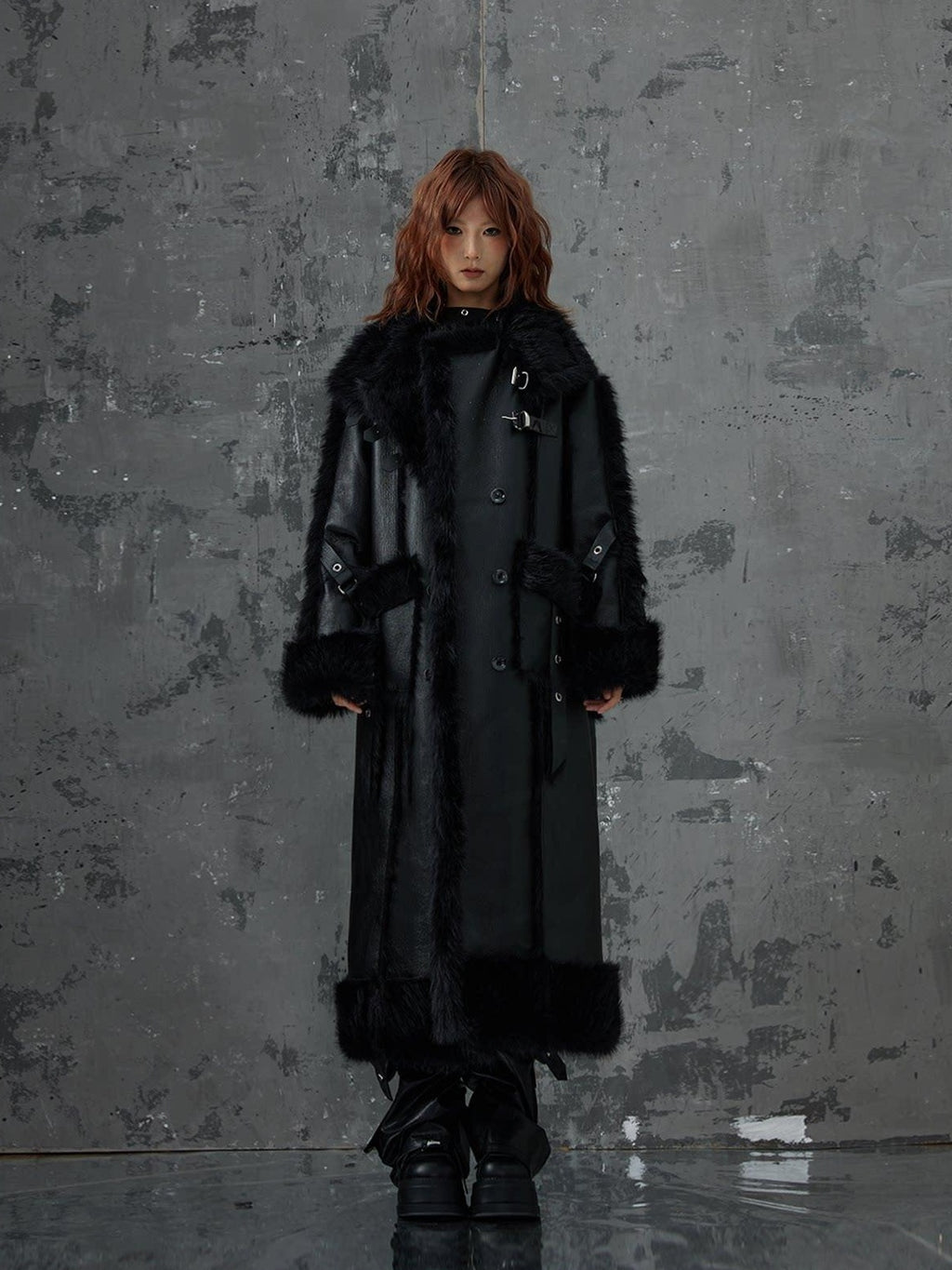 Frustration Garden Faux Fur Trim Oversized Dark Gothic Unisex Black Long Sleeve Long Coats