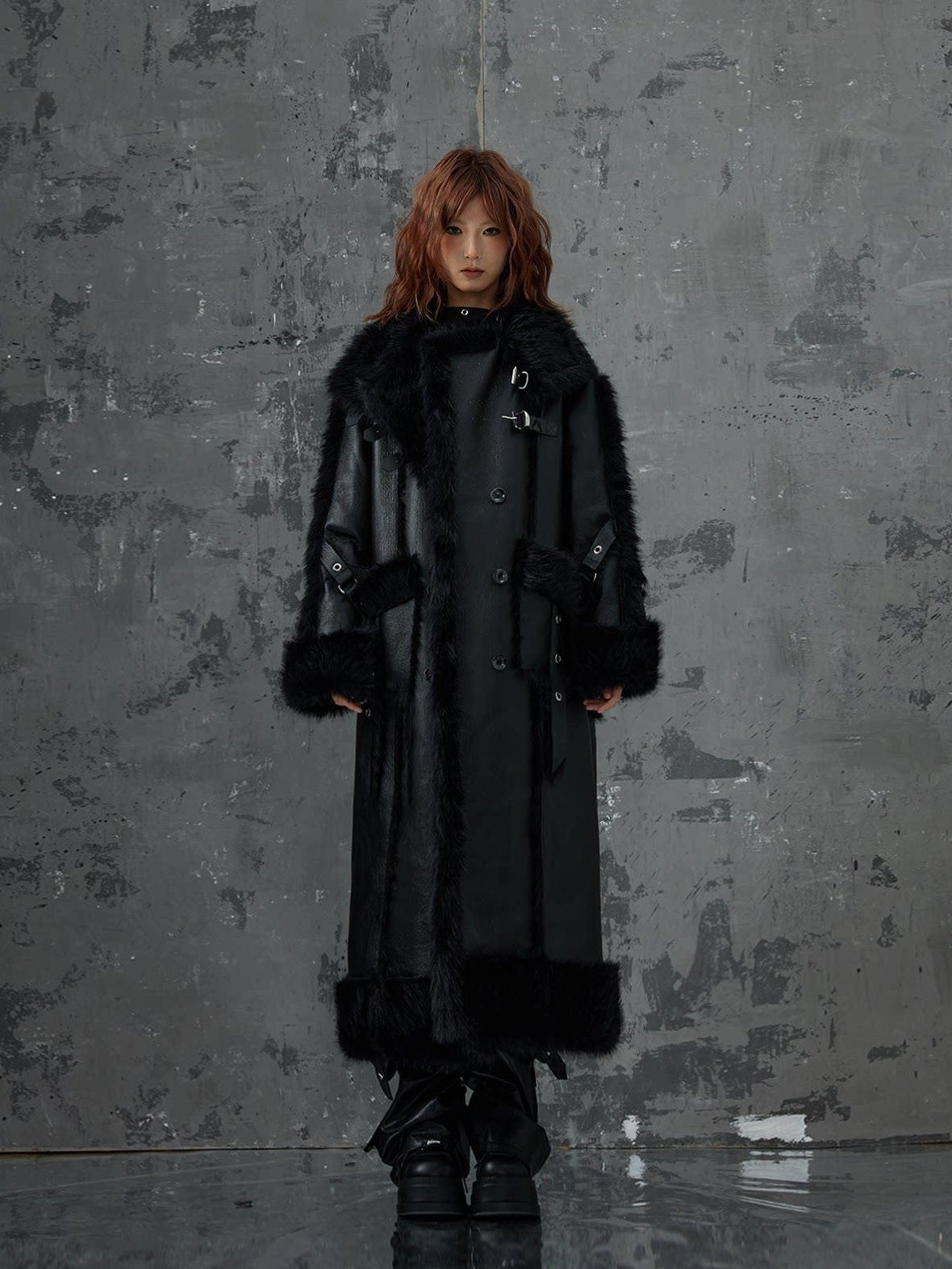 Frustration Garden Faux Fur Trim Oversized Dark Gothic Unisex Black Long Sleeve Long Coats