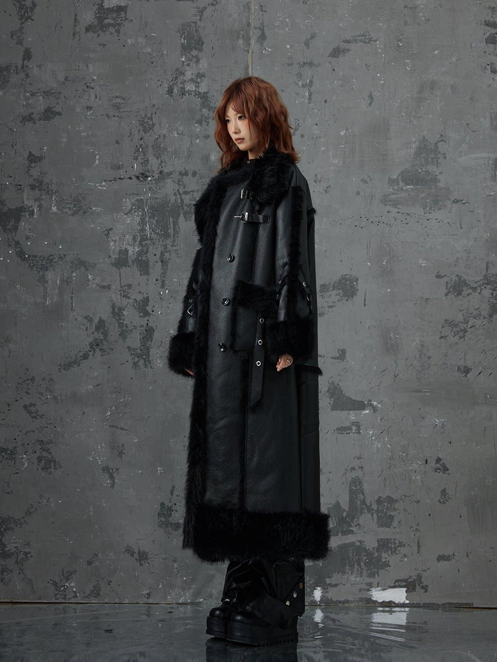 Frustration Garden Faux Fur Trim Oversized Dark Gothic Unisex Black Long Sleeve Long Coats