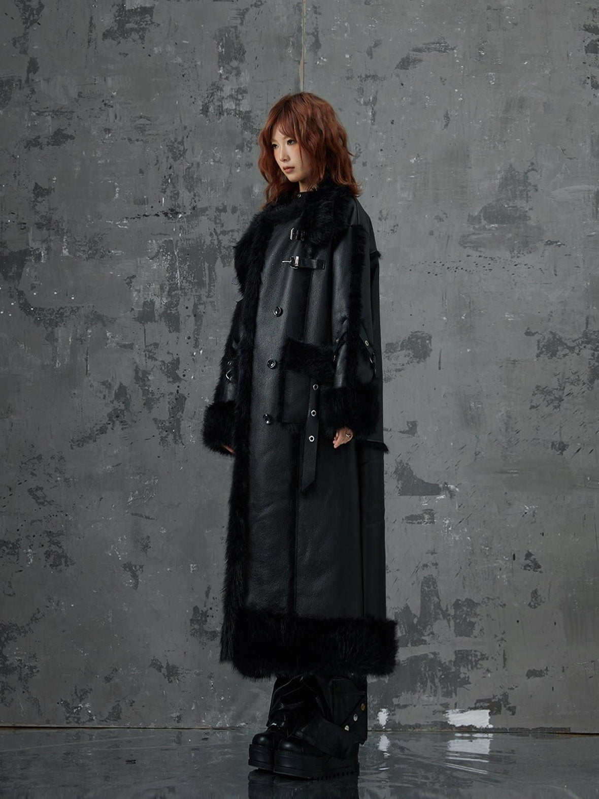 Frustration Garden Faux Fur Trim Oversized Dark Gothic Unisex Black Long Sleeve Long Coats