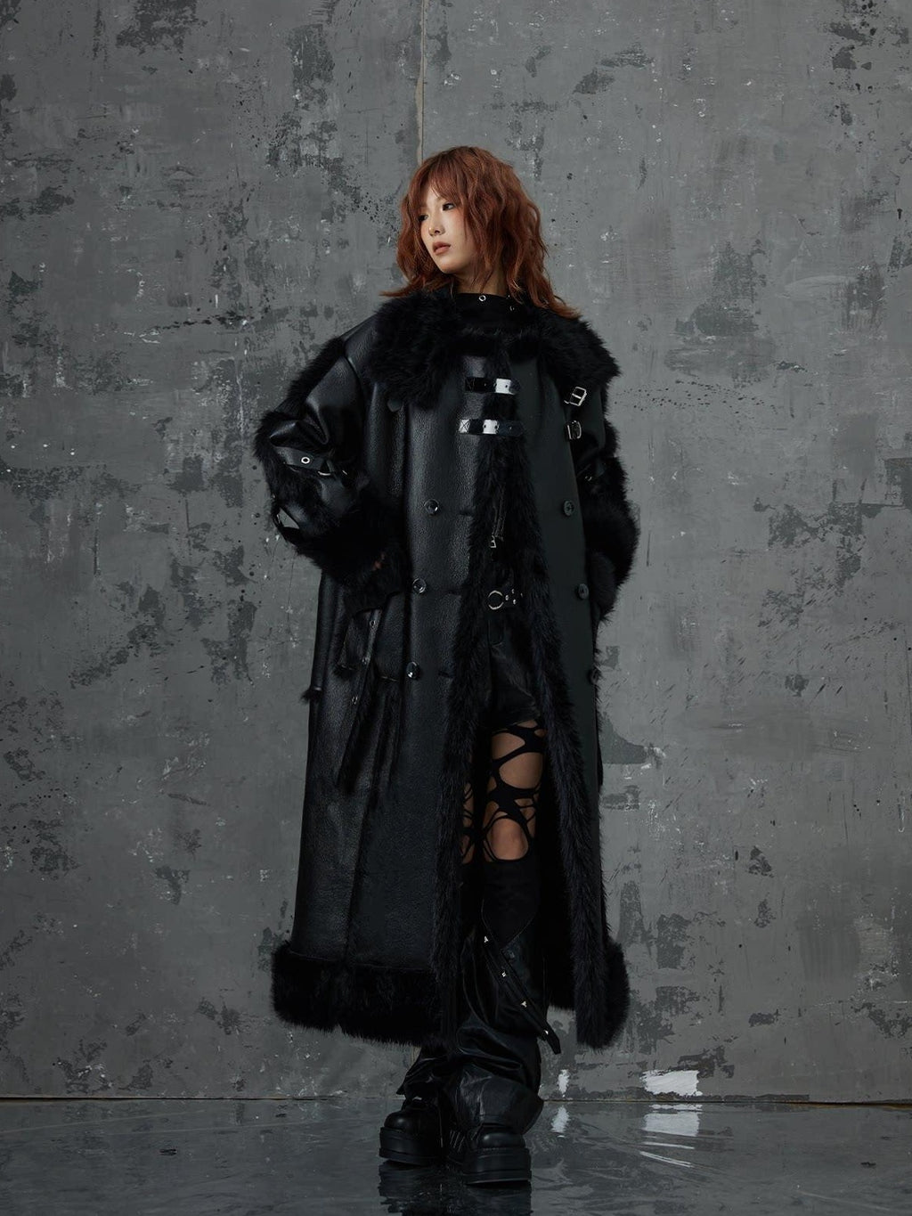 Frustration Garden Faux Fur Trim Oversized Dark Gothic Unisex Black Long Sleeve Long Coats