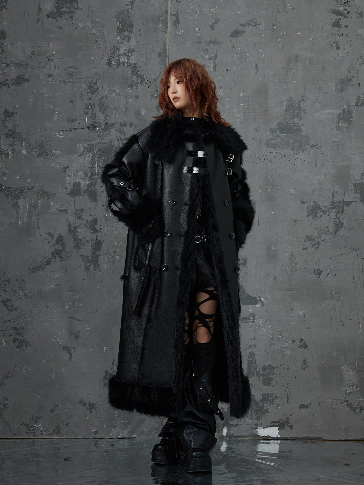 Frustration Garden Faux Fur Trim Oversized Dark Gothic Unisex Black Long Sleeve Long Coats