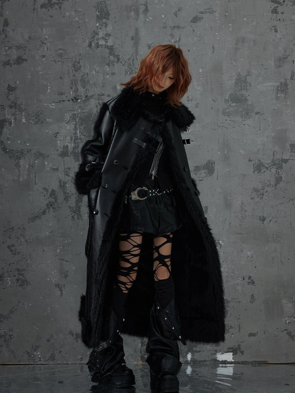 Frustration Garden Faux Fur Trim Oversized Dark Gothic Unisex Black Long Sleeve Long Coats