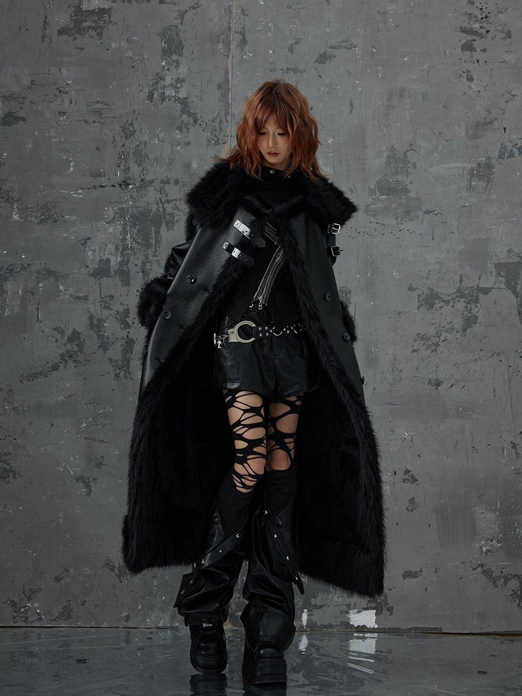 Frustration Garden Faux Fur Trim Oversized Dark Gothic Unisex Black Long Sleeve Long Coats