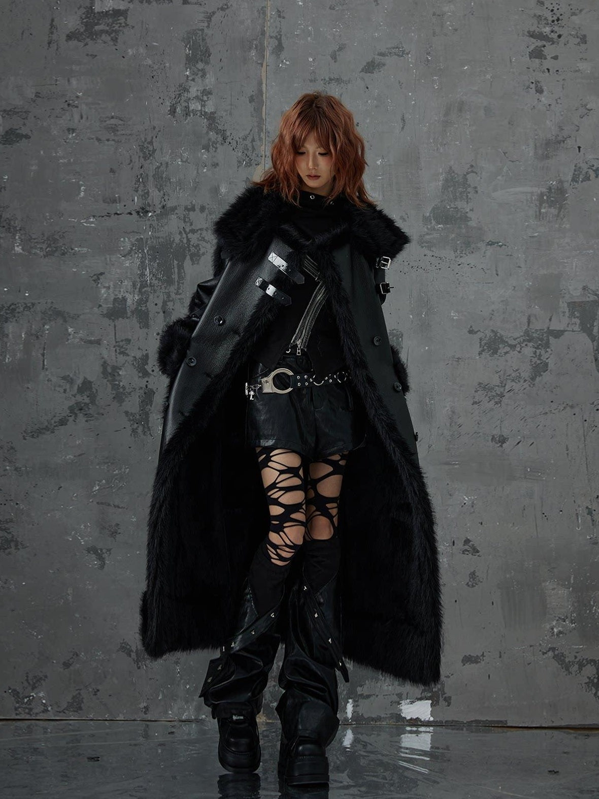 Frustration Garden Faux Fur Trim Oversized Dark Gothic Unisex Black Long Sleeve Long Coats