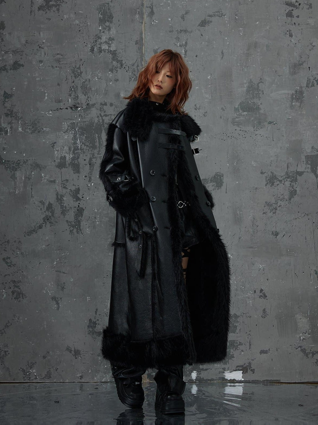 Frustration Garden Faux Fur Trim Oversized Dark Gothic Unisex Black Long Sleeve Long Coats
