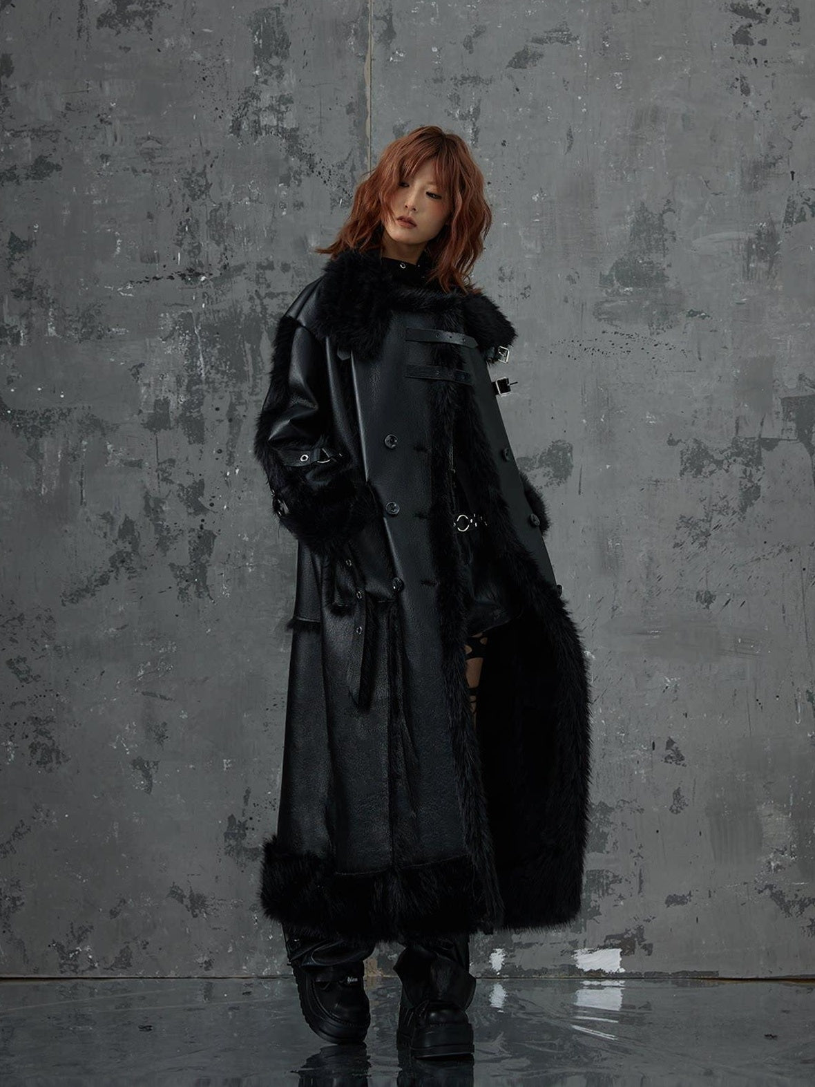 Frustration Garden Faux Fur Trim Oversized Dark Gothic Unisex Black Long Sleeve Long Coats