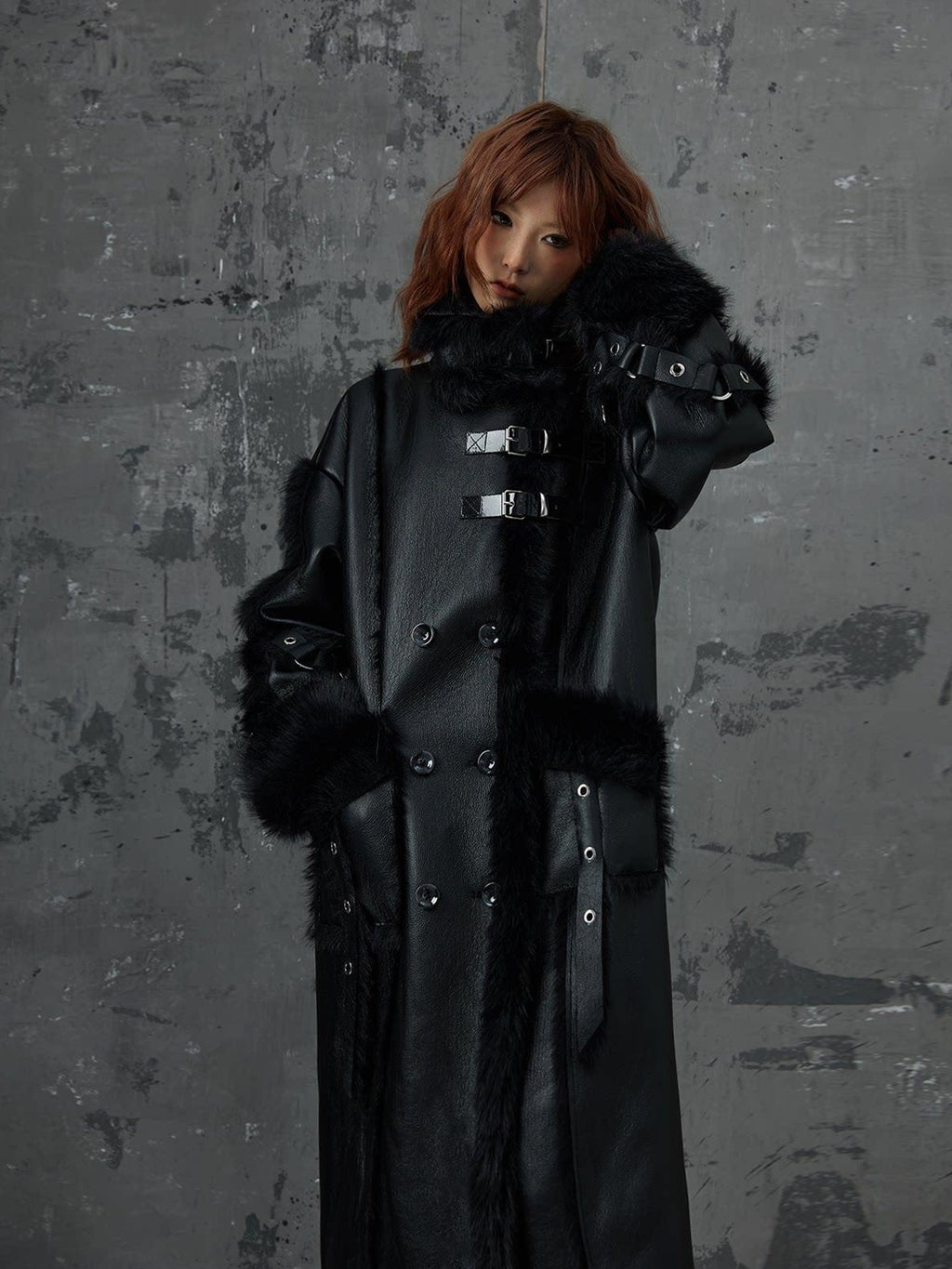 Frustration Garden Faux Fur Trim Oversized Dark Gothic Unisex Black Long Sleeve Long Coats