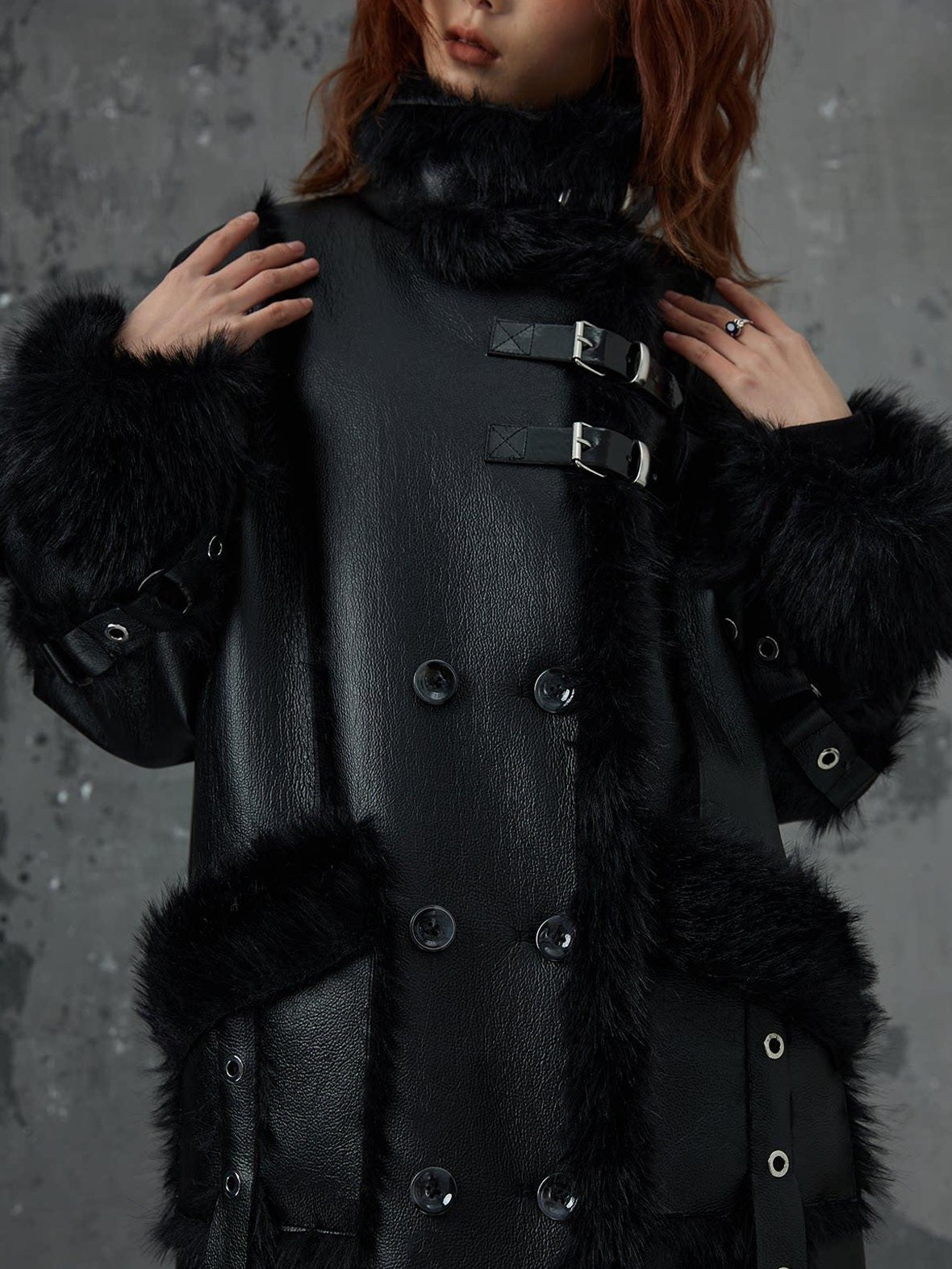 Frustration Garden Faux Fur Trim Oversized Dark Gothic Unisex Black Long Sleeve Long Coats