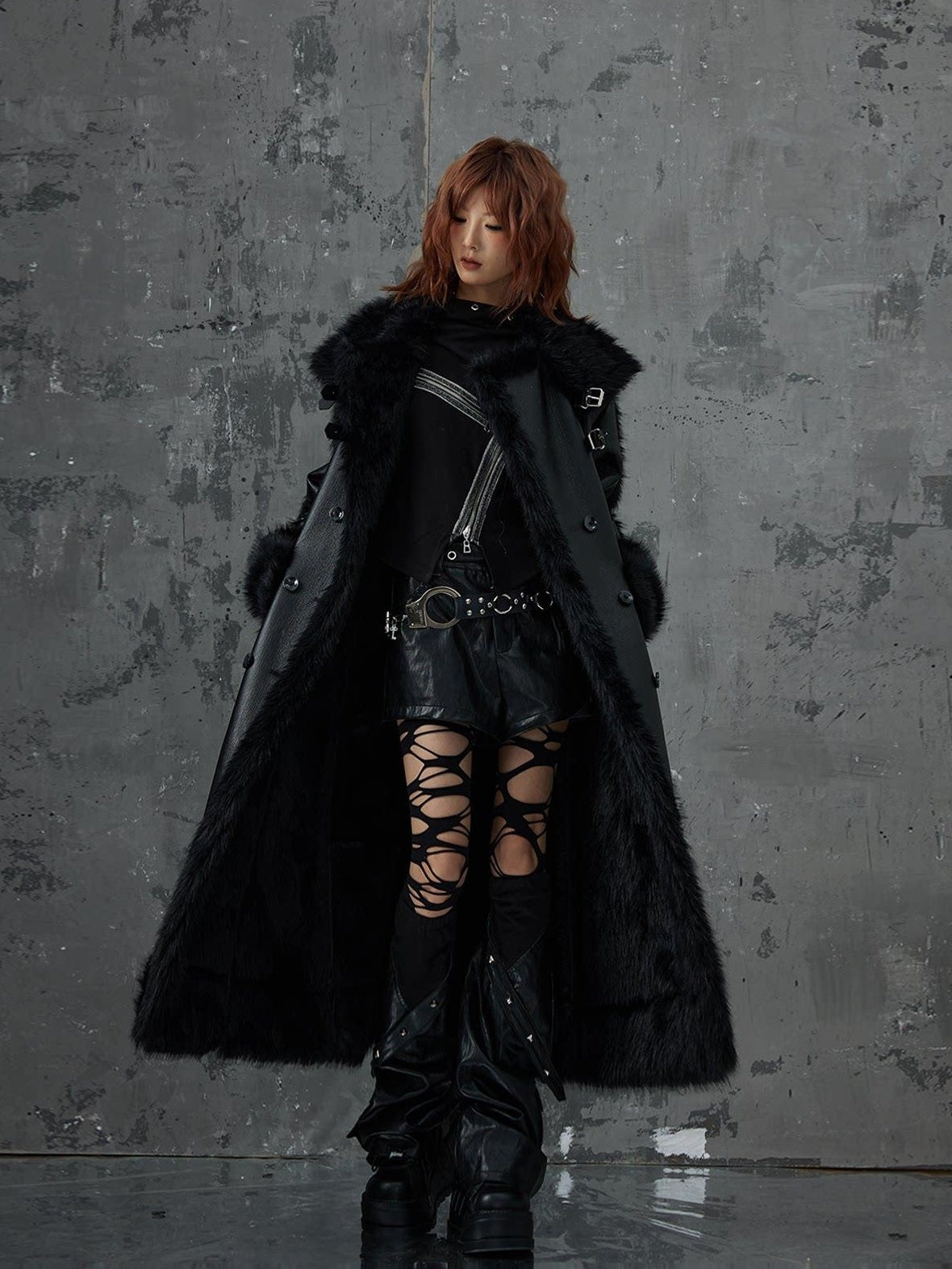 Frustration Garden Faux Fur Trim Oversized Dark Gothic Unisex Black Long Sleeve Long Coats