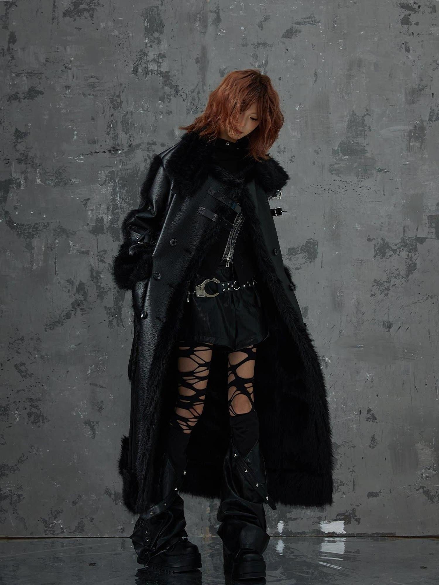 Frustration Garden Faux Fur Trim Oversized Dark Gothic Unisex Black Long Sleeve Long Coats
