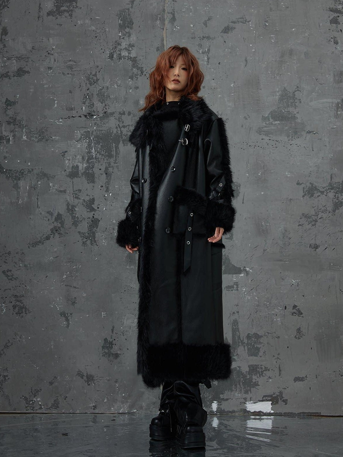 Frustration Garden Faux Fur Trim Oversized Dark Gothic Unisex Black Long Sleeve Long Coats