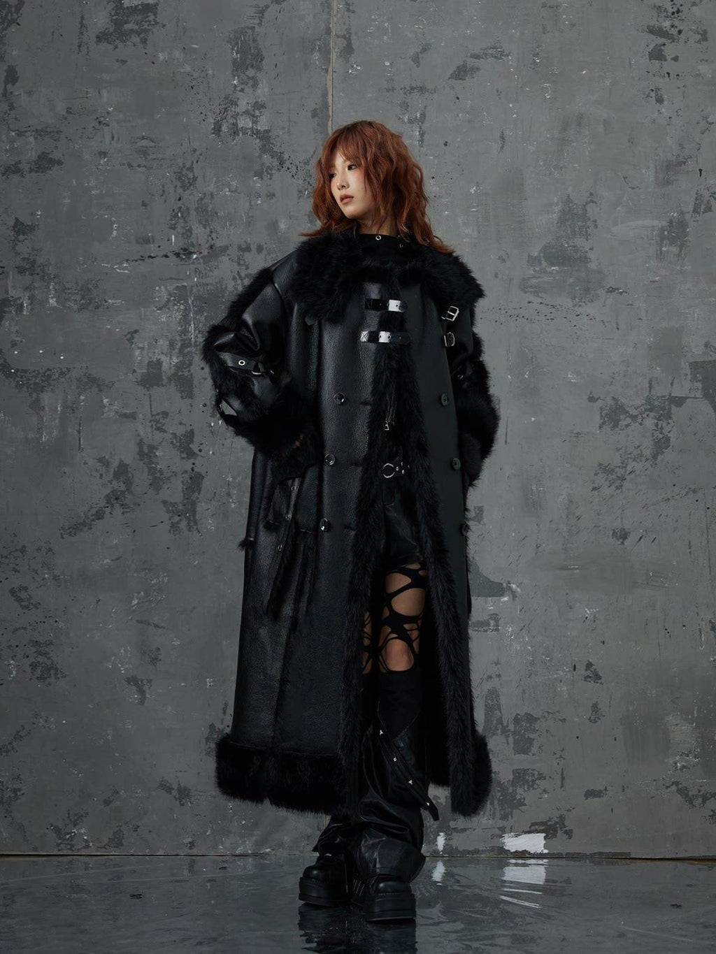 Frustration Garden Faux Fur Trim Oversized Dark Gothic Unisex Black Long Sleeve Long Coats