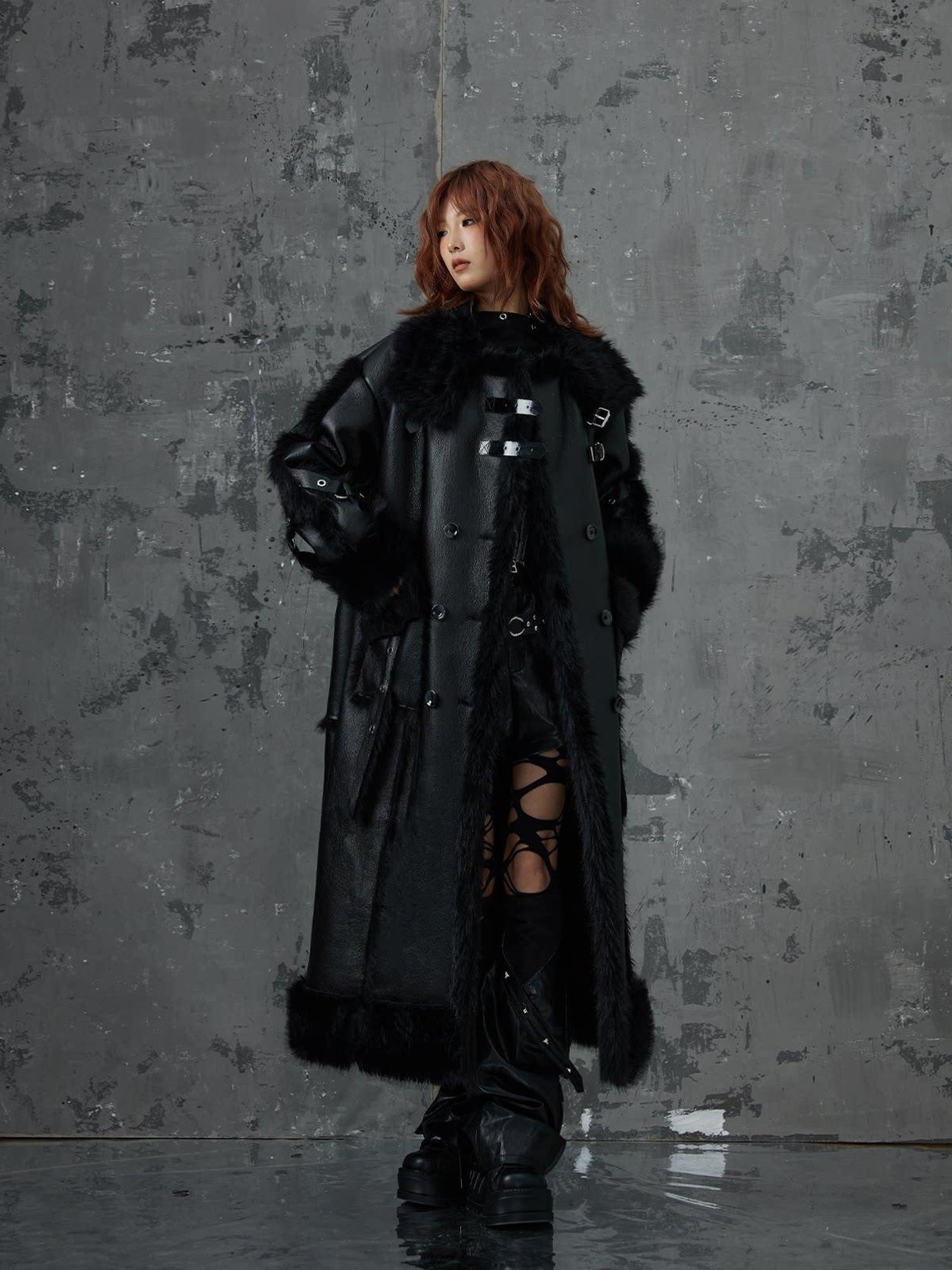 Frustration Garden Faux Fur Trim Oversized Dark Gothic Unisex Black Long Sleeve Long Coats