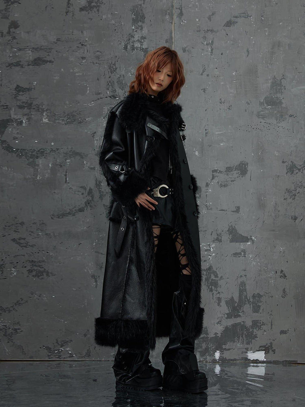 Frustration Garden Faux Fur Trim Oversized Dark Gothic Unisex Black Long Sleeve Long Coats