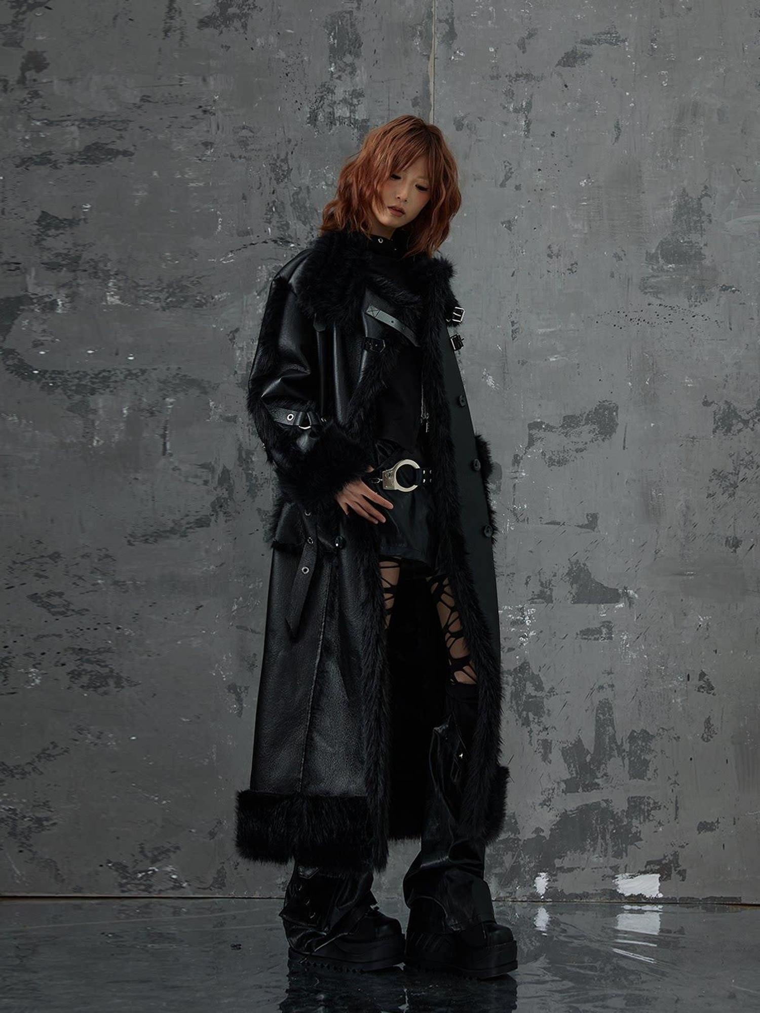 Frustration Garden Faux Fur Trim Oversized Dark Gothic Unisex Black Long Sleeve Long Coats