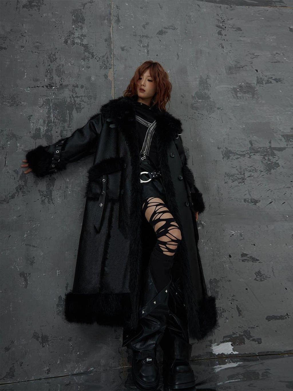 Frustration Garden Faux Fur Trim Oversized Dark Gothic Unisex Black Long Sleeve Long Coats