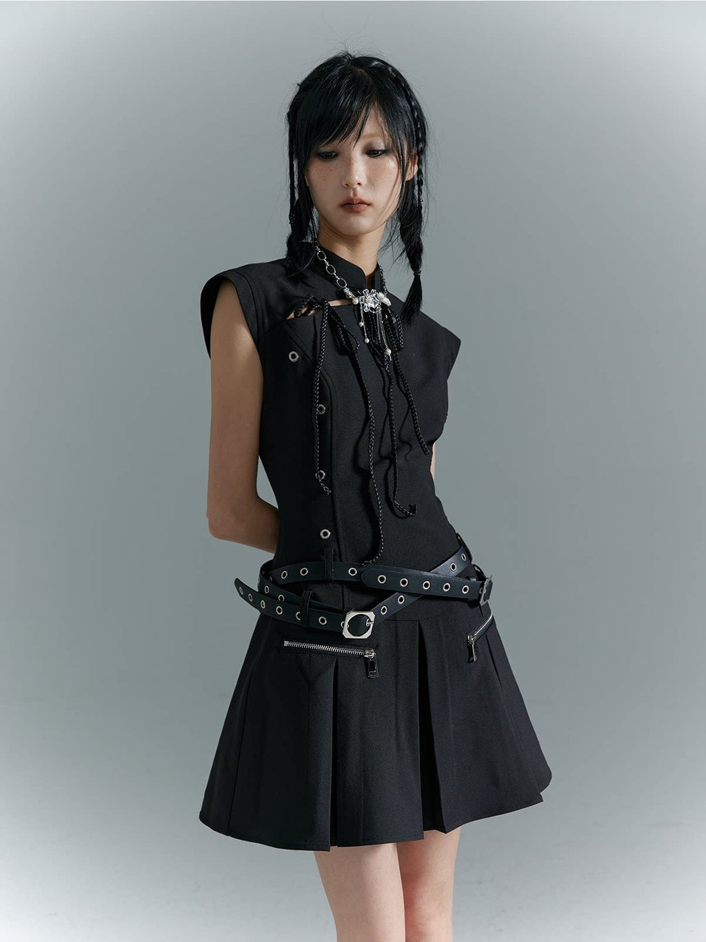 Frustration_Garden_Fitted_Waist_Modern_Chinese_Collar_Sleeveless_Aline_Black_Casual_Mini_Dresses_MISSTT