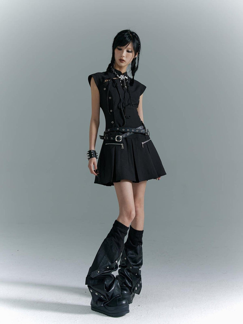 Frustration Garden Fitted Waist Modern Chinese Collar Sleeveless Aline Black Casual Mini Dresses