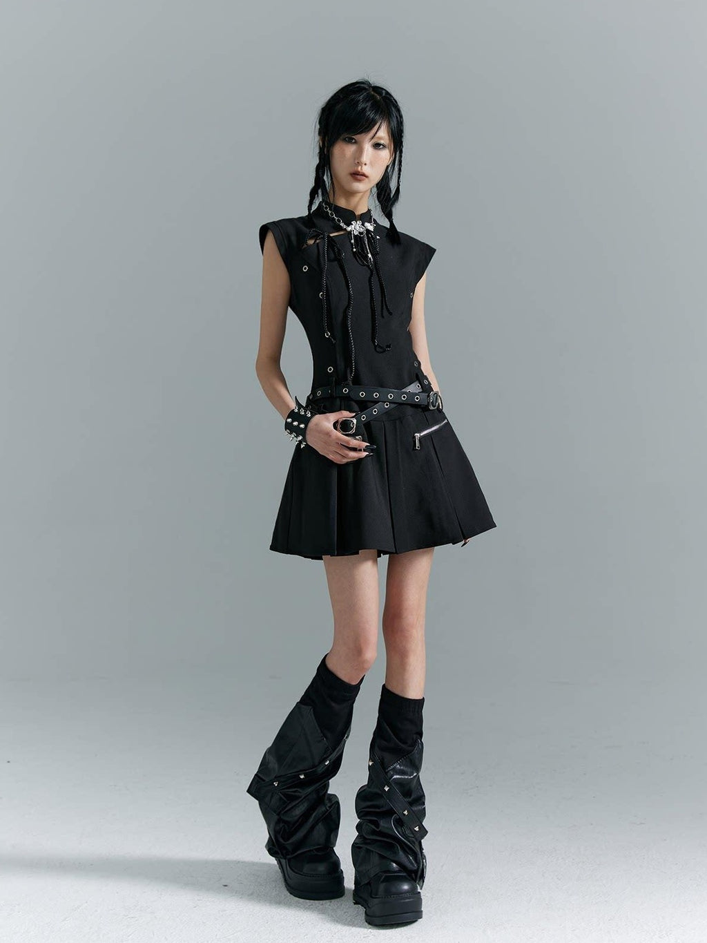 Frustration Garden Fitted Waist Modern Chinese Collar Sleeveless Aline Black Casual Mini Dresses