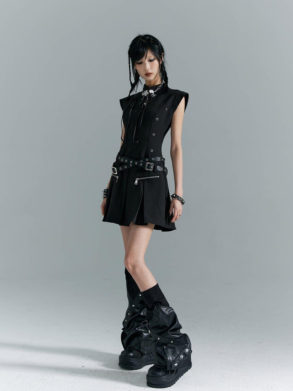 Frustration Garden Fitted Waist Modern Chinese Collar Sleeveless Aline Black Casual Mini Dresses