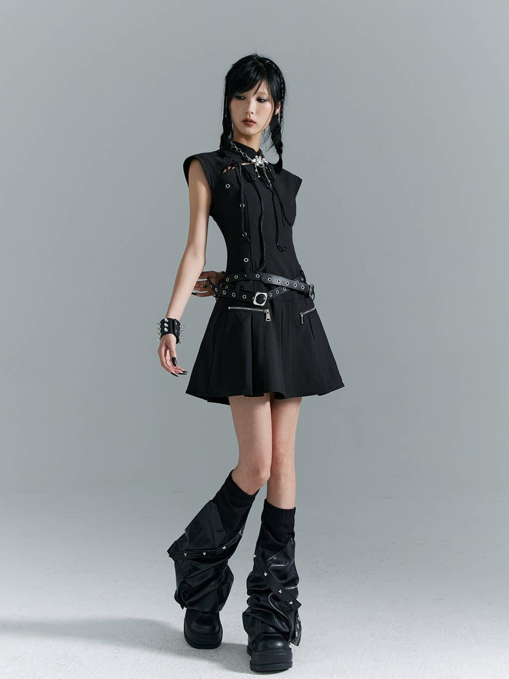 Frustration Garden Fitted Waist Modern Chinese Collar Sleeveless Aline Black Casual Mini Dresses